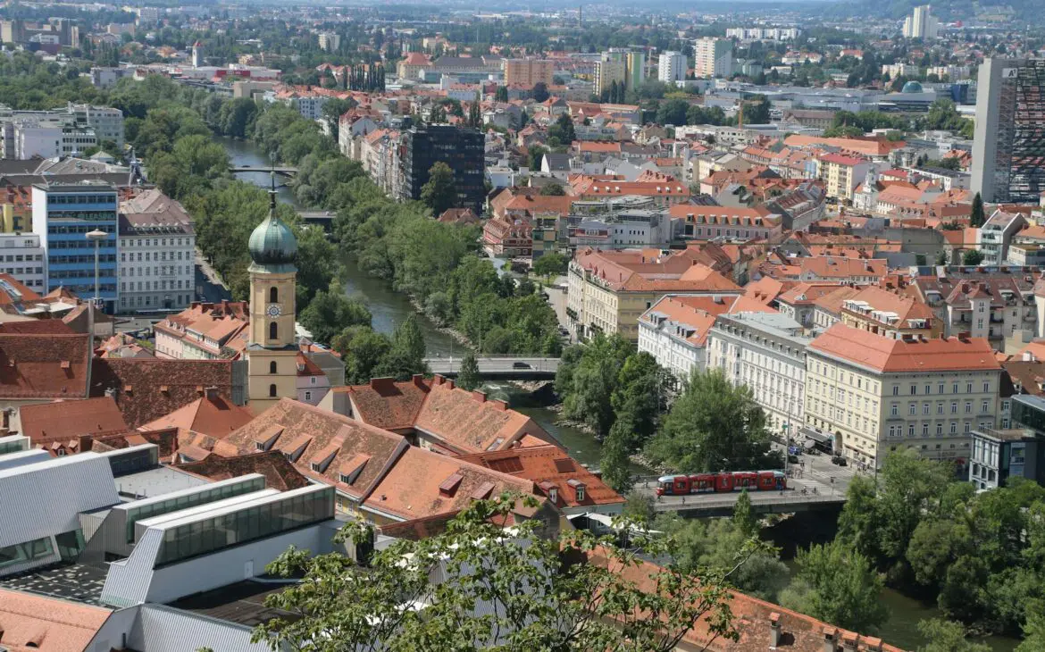 aerial view of graz cityscape with river in austria