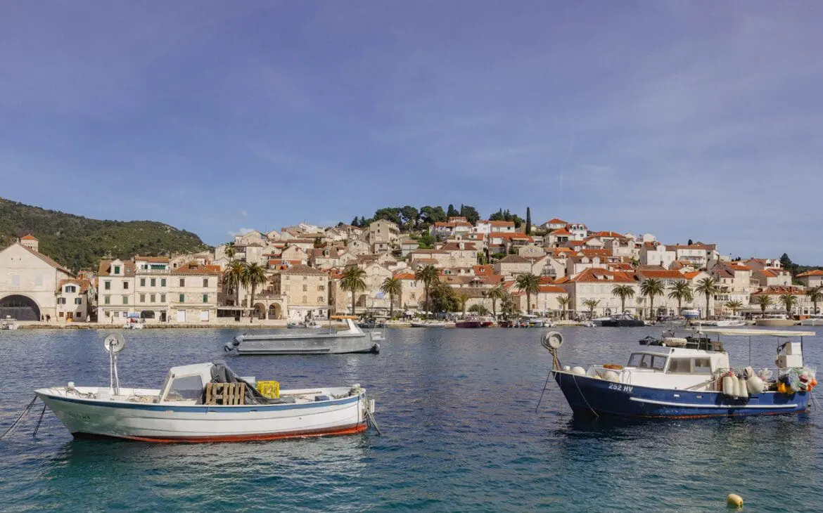 Coastal town with boats and buildings