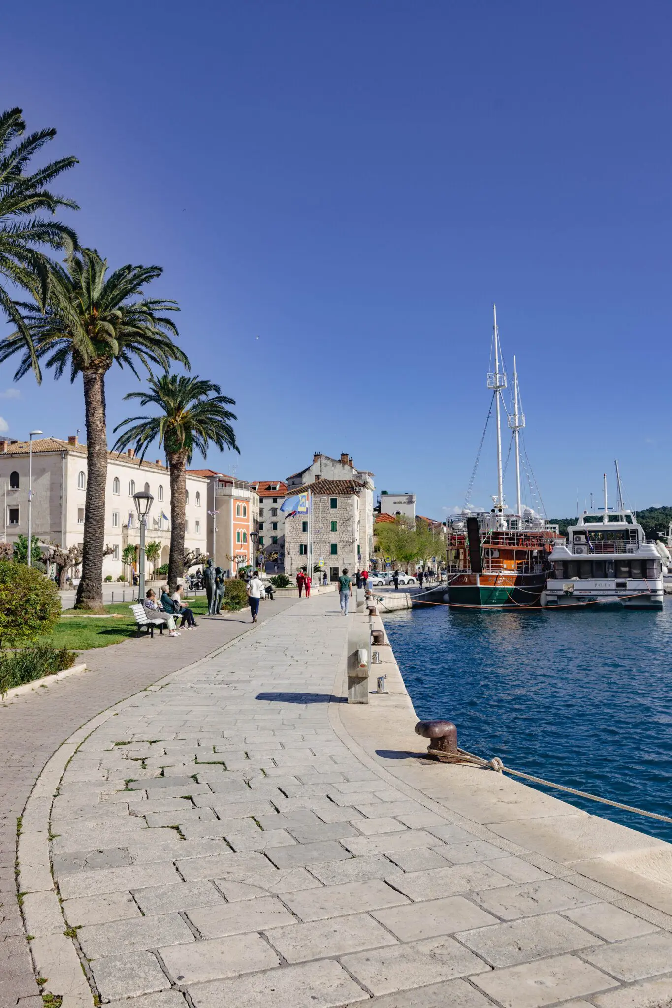 Scenic waterfront with palm trees.